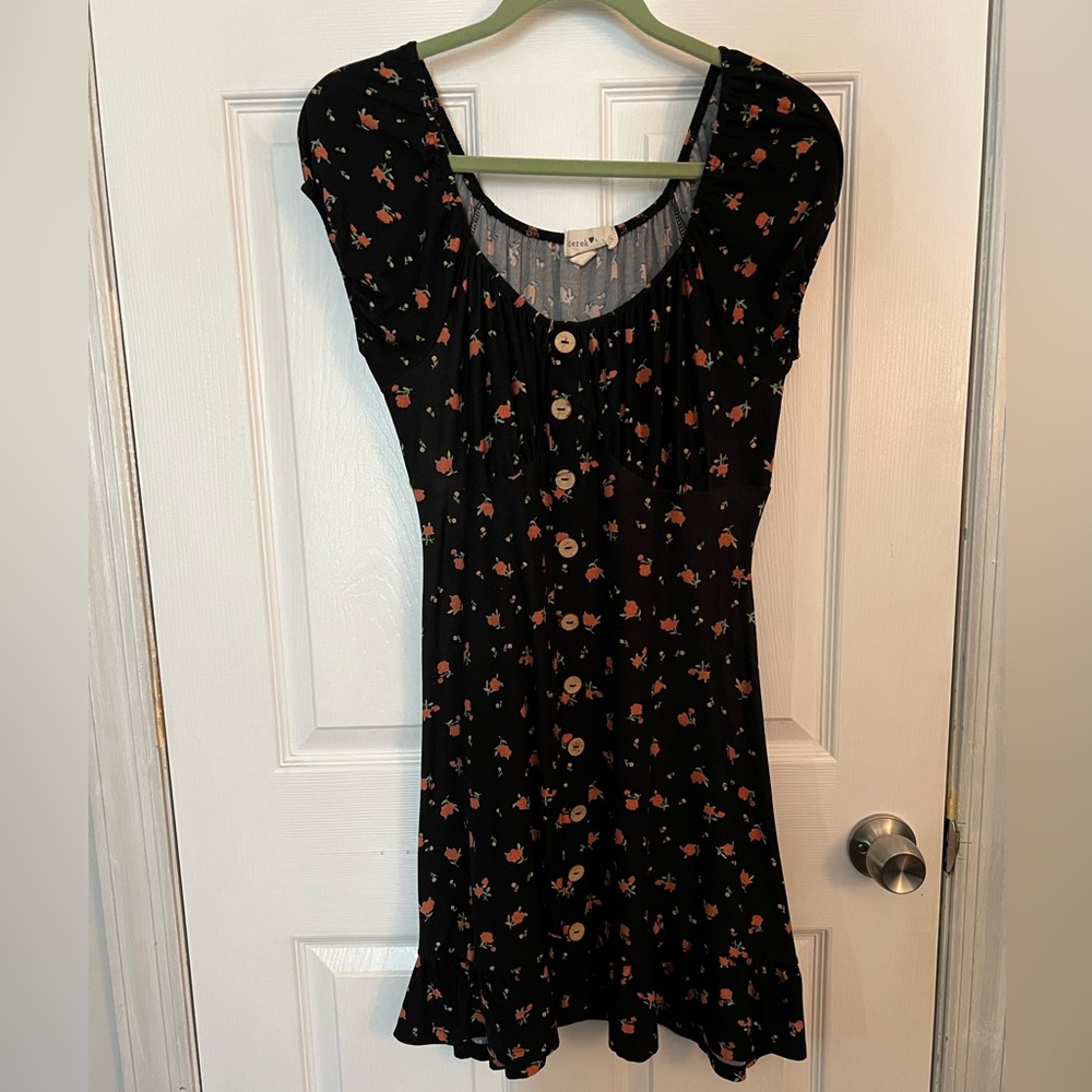 90s style Derek Heart Black Dress with floral print and buttons Size L